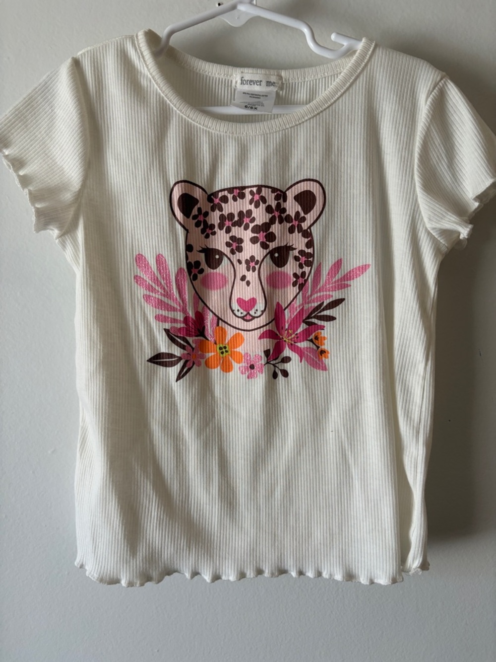 Forever Me Cream Girls' Leopard Face Floral Short Sleeve Tee